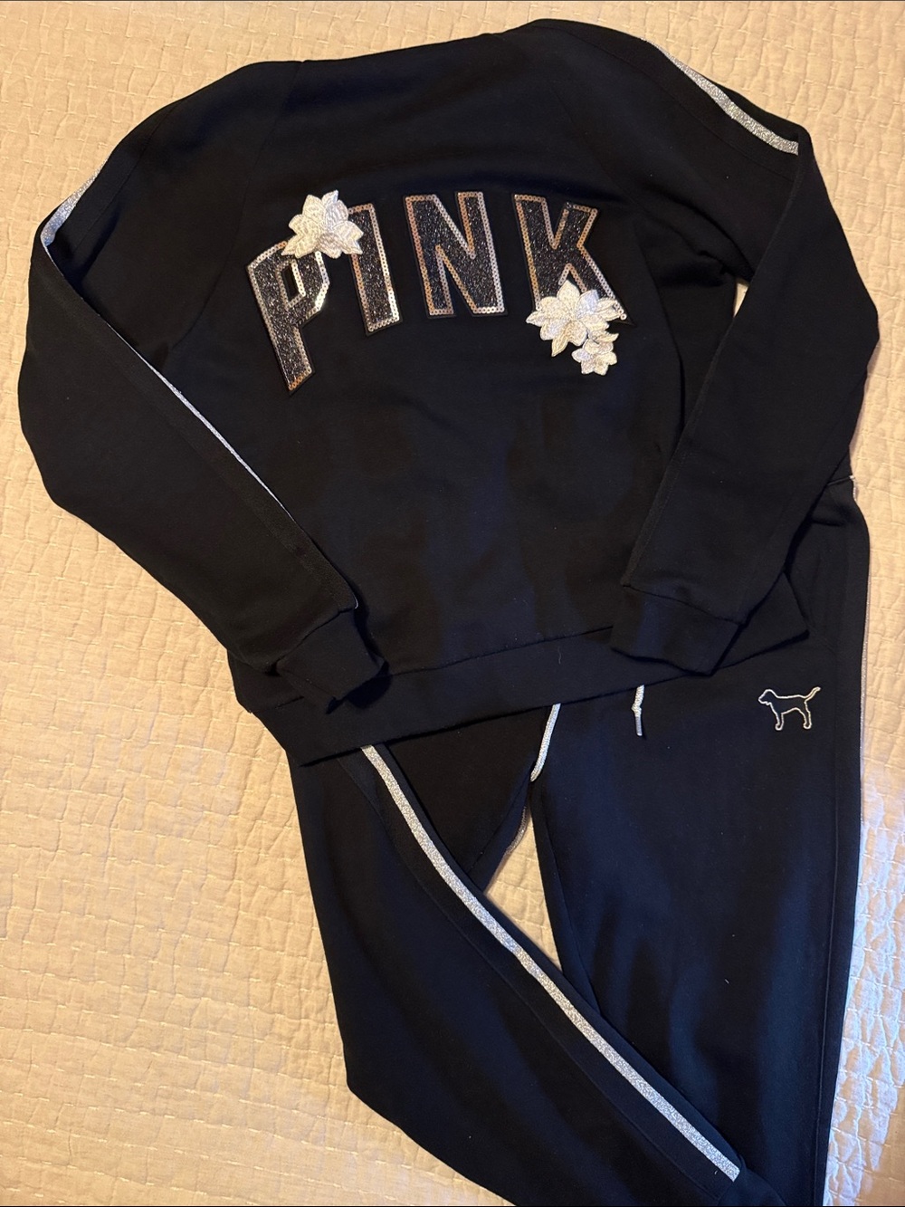 PINK Victoria's Secret Black Jogger Set with Silver Trim